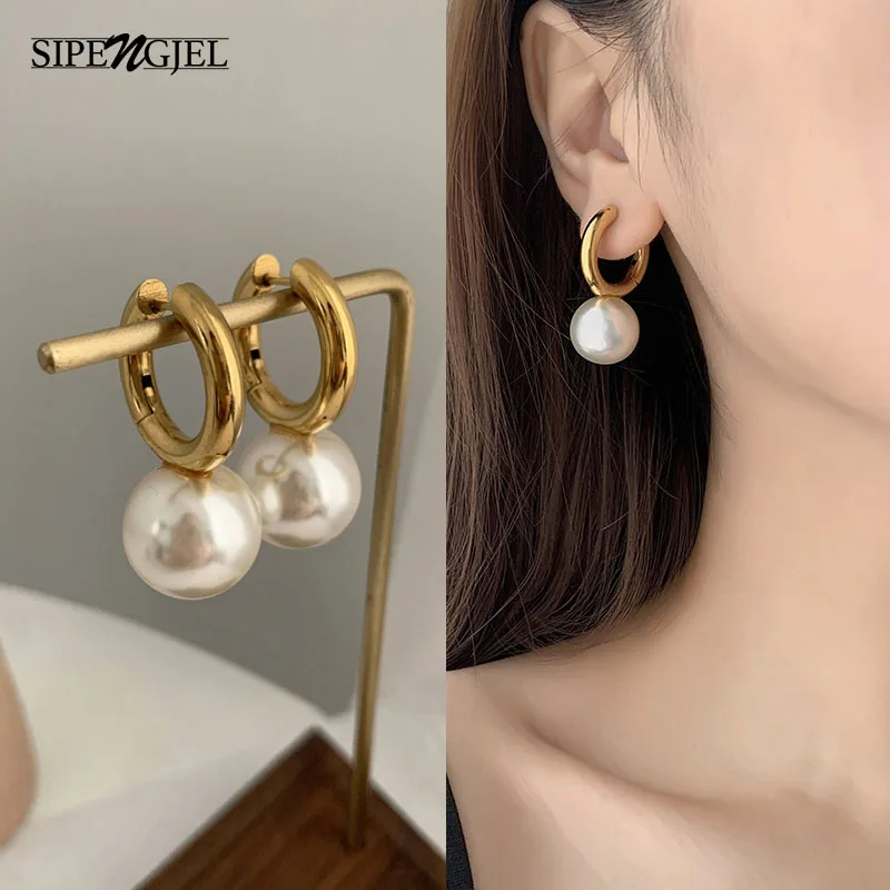 

SIPENGJEL Fashion Round Pearl Hoop Earrings High Quality Elegant Imitation Pearls Drop Earrings For Women Jewelry