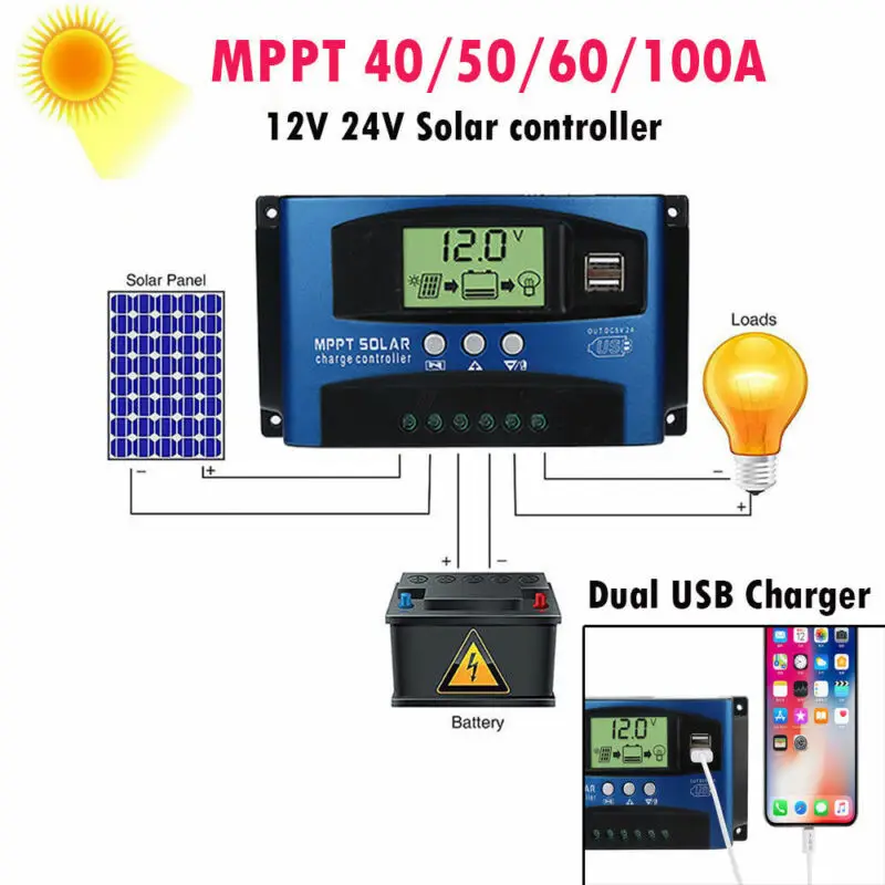 30-100A регулятор MPPT солнечной панели Контроллер заряда 12V/24V Авто отслеживания