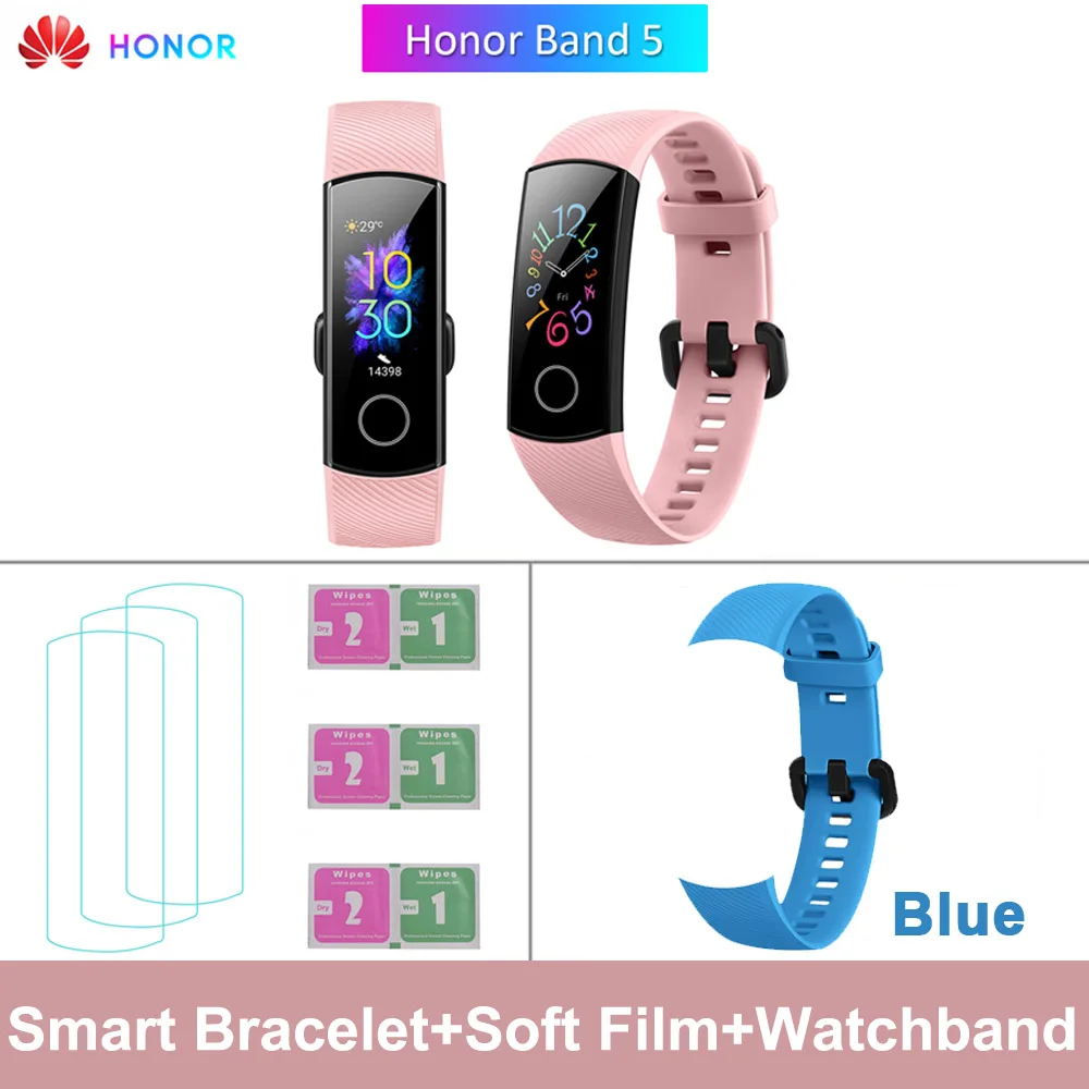 Pink add Blue Strap HONOR Band 5 фитнес умный Браслет мониторинг сердечного ритма 5 АТМ водонепроницаемый плавающий Bluetooth 4,2 смарт часы наручные часы - Цвет: Pink add Blue Strap