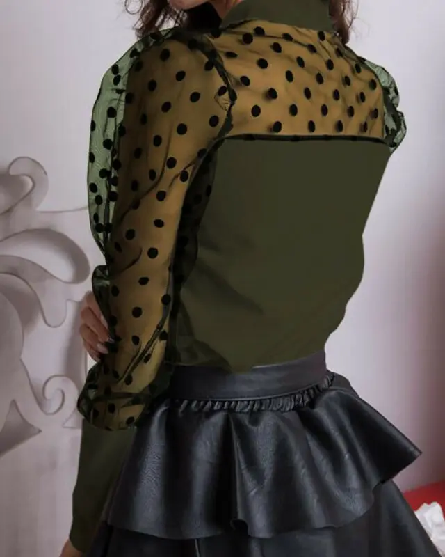 Женская сетчатая блузка с длинным рукавом-фонариком в горошек бантом на