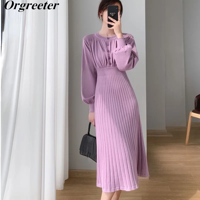 

Minimalism Solid Purple Knitted Dress Women Fall Winter 2021New Temperament Lantern Sleeve Buttons Pleated Sweater Dress Robes