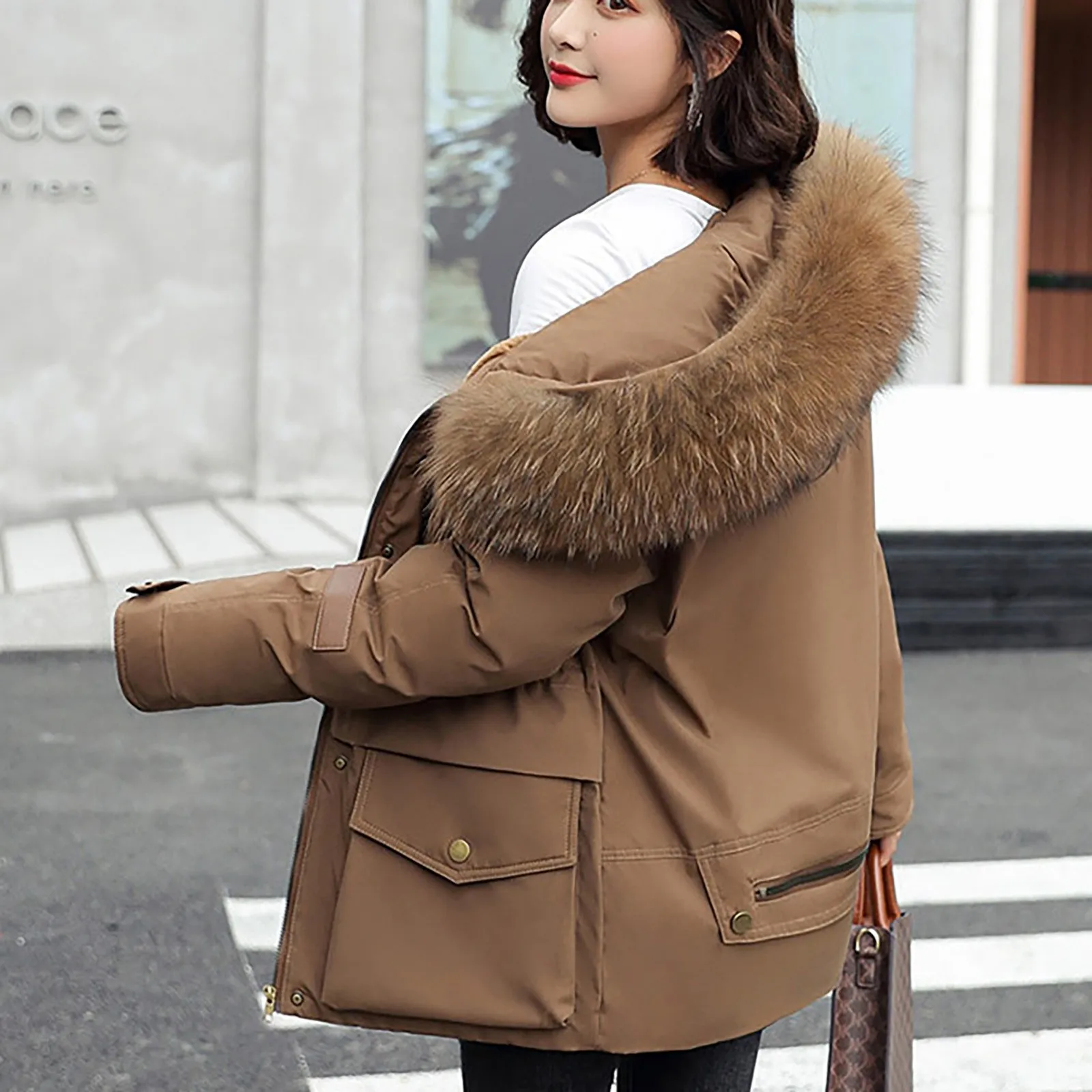 

Vogue Nice Women Autumn Winter Thicken Hooded Down Jacket Hair Collar Cotton Zipper Coat Female Casual Outwear Plus Size Coat