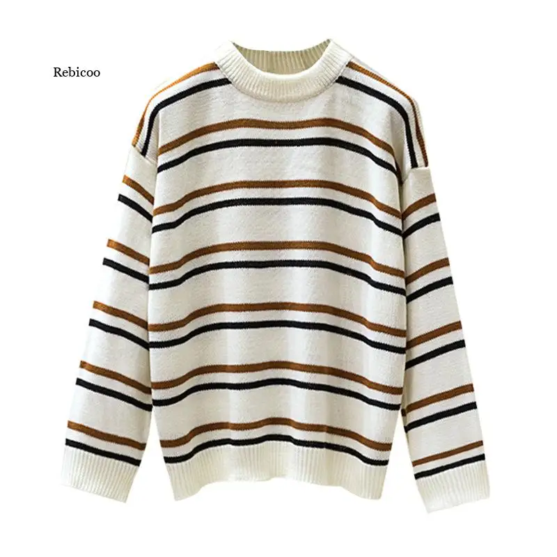 

Winter Clothes Women Knitted Sweater O-Neck Striped Long Sleeve Top Women Casual Korean Clothing Loose Female Pullover Sweater