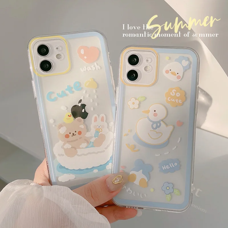 

Korean Duck-Bear Phone Case For Iphone 13 12Mini 11 Pro X Xr Xs Max 7 8Plus Se Soft TPU Silicone Lens Protector Back Cover Cases