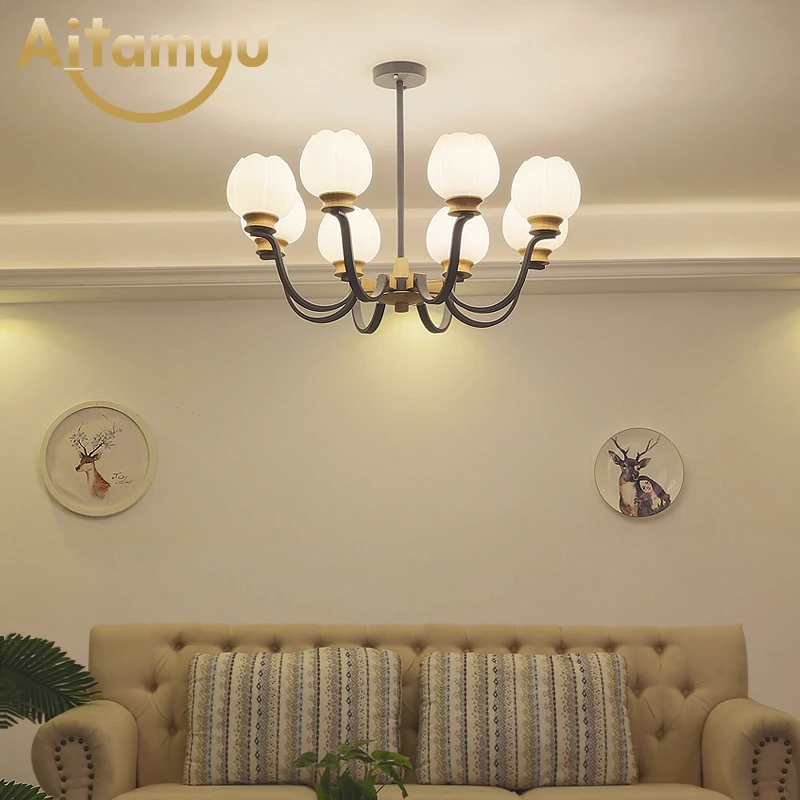 Nordic Wooden Chandelier Solid Wood LED Ceiling E27 With Glass Lampshade creative Lighting Fixtures Hanging Light | Лампы и освещение