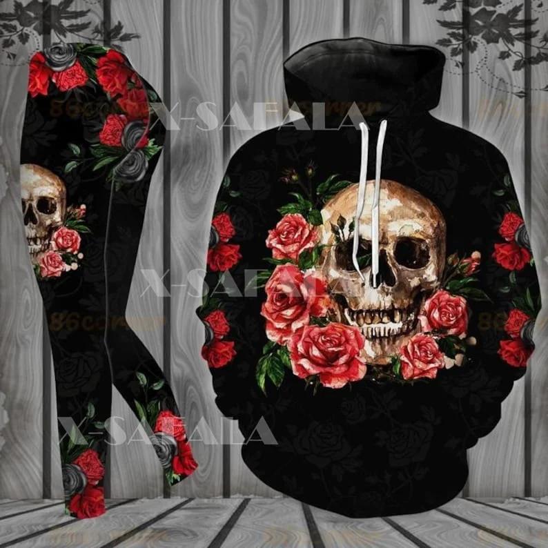 

Rose Flower Skull 3D Print Combo Hoodie High Waist Women Outwear Leggings Hooded Pullover Suit Tracksuits Two Piece Sport Set