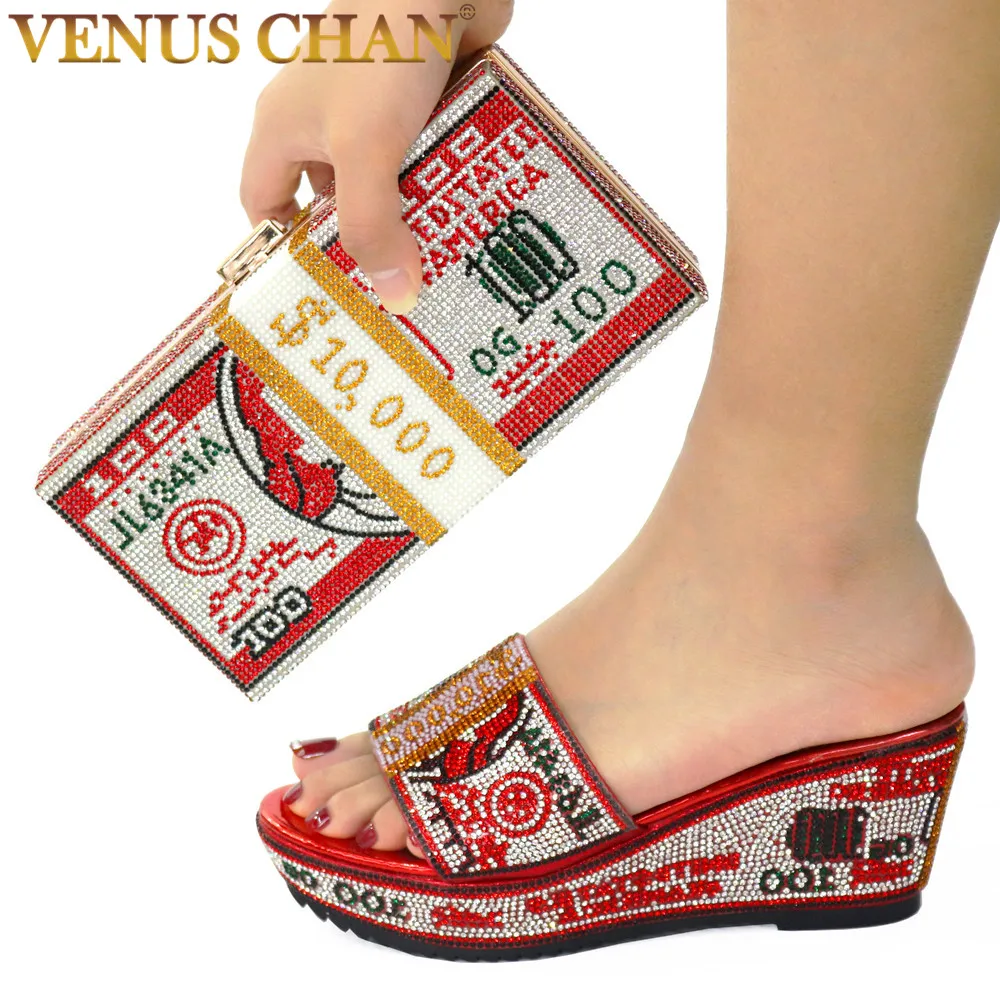 

New Italian Design Nigerian Hot Selling Red Color Party Ladies Shoes and Bag Set With Butterfly-kont Shape Rhinestone Decoration