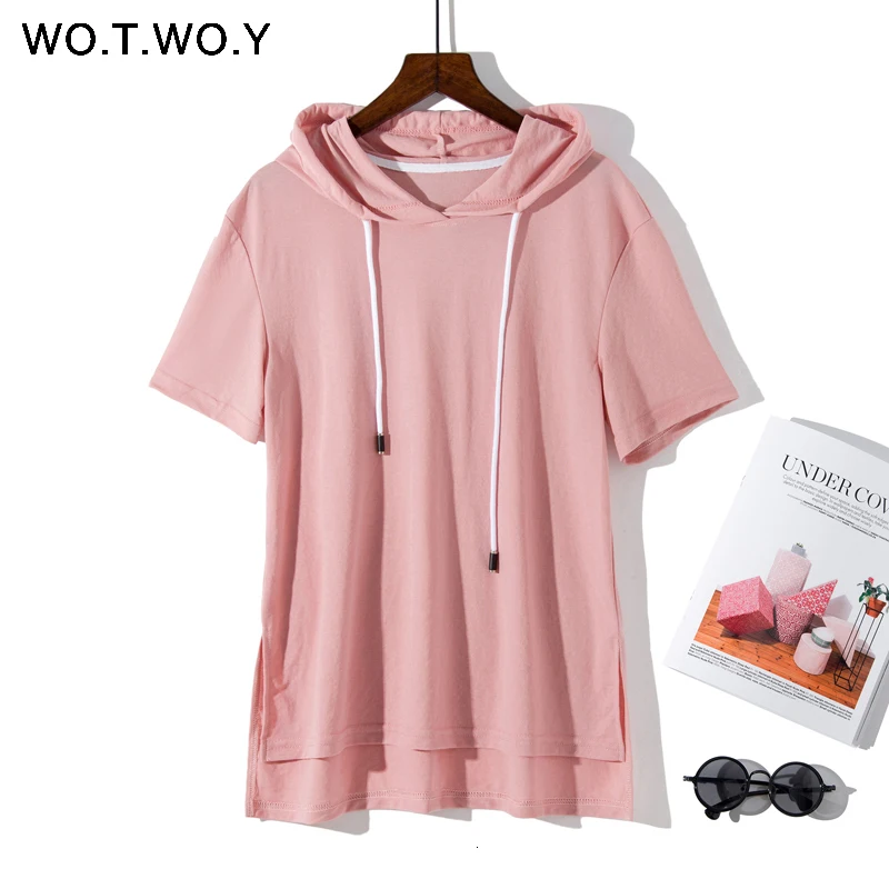 WOTWOY 9 красочных футболок с капюшоном для женщин летние хлопковые базовые повседневные свободные топы с коротким рукавом женские белые толстовки размера плюс