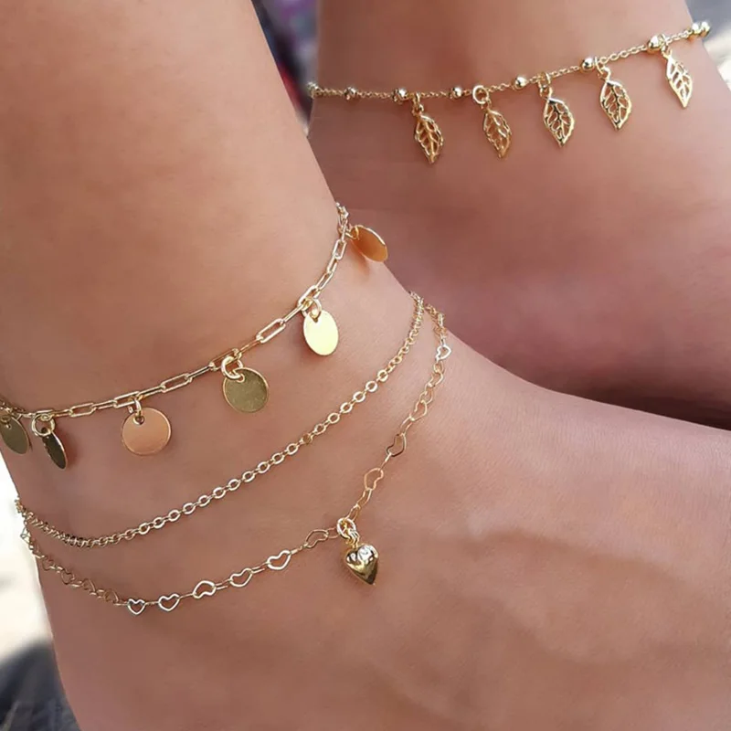 3 шт./компл. Boho Для женщин набор ножных браслетов изысканный в форме сердца в форме листа круглая цепь Кулон золото Многослойные анклет(браслет на ногу женские браслеты с подвесками для вечеринки, дня рождения подарок