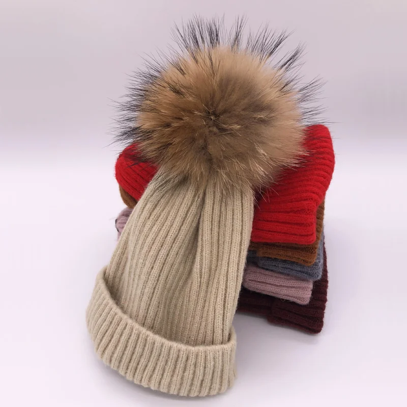 beige Raccoon fur Зимняя Весенняя вязаная шерстяная шапка Skullies повседневная женская шапка натуральный помпон из лисьего меха шапки - Цвет: beige Raccoon fur
