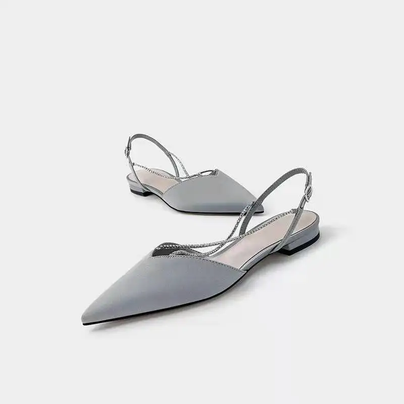 

Flat Sandal Shoe 2021 Women's Riband Suit Female Beige Summer Heels Shallow Mouth Without New Closed Pointed Rhinestone Black