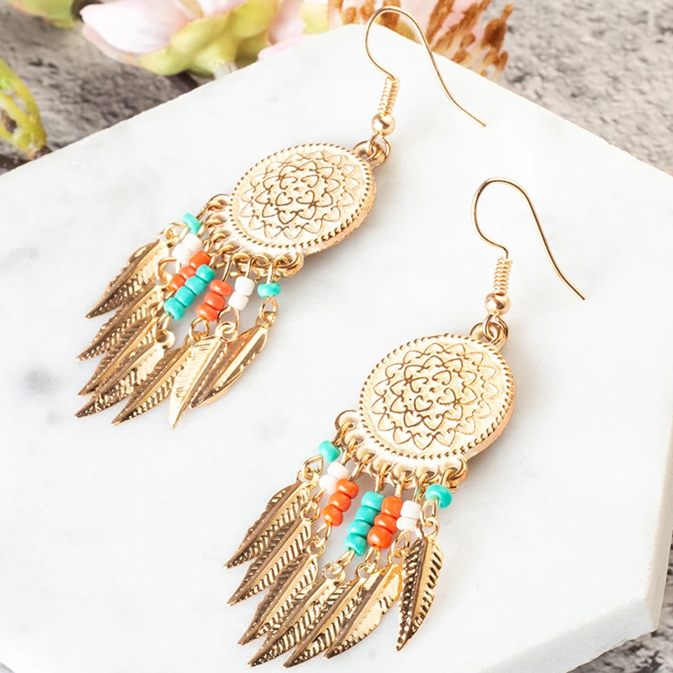 Женские серьги капельки в этническом стиле круглые висячие бохо золотого цвета с