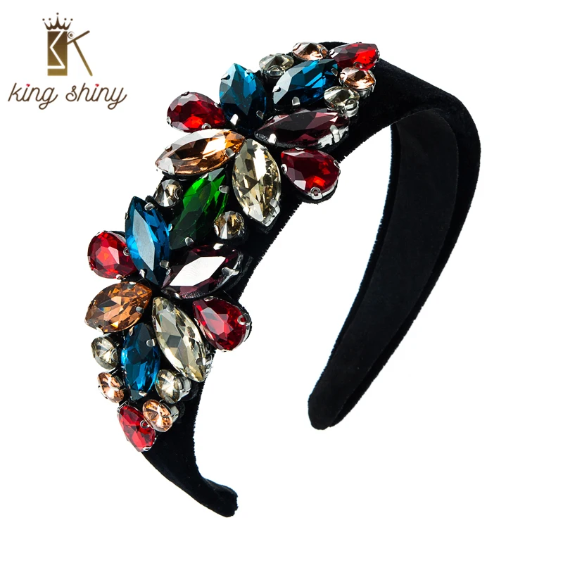 

King Shiny Gorgeous Baroque Multi Color Crystal Headband Luxury Geometric Gem Diamond Beaded Wide-brimmed Hairband Girls Jewelry