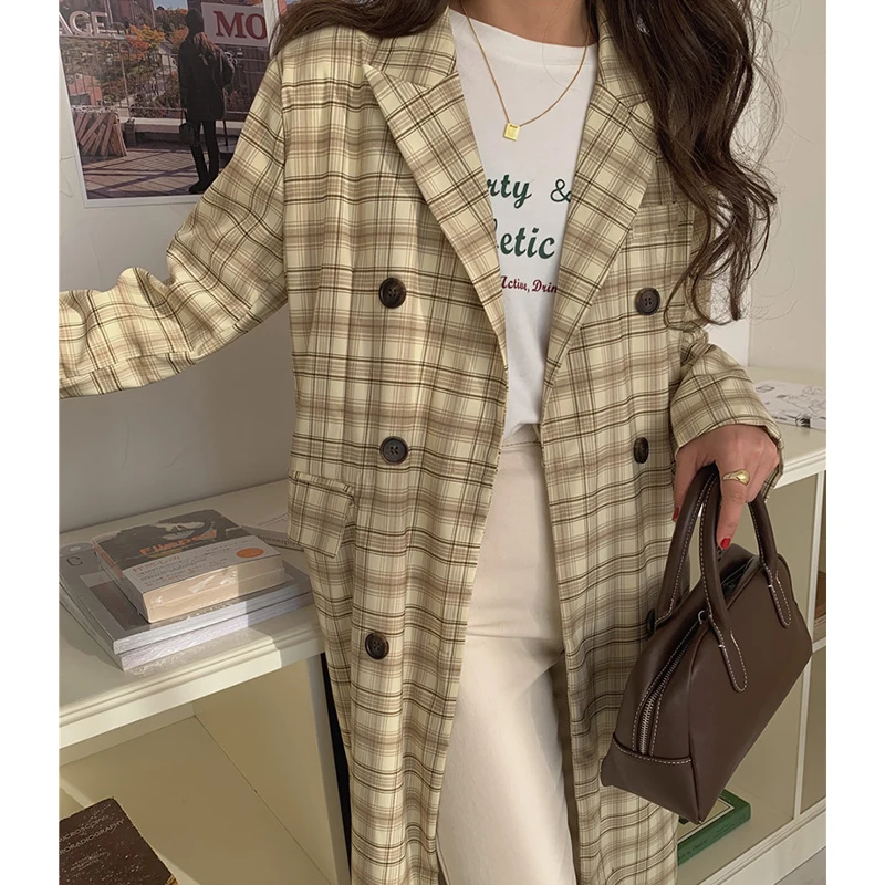 

ZCSMLL Autumn and Winter Temperament Suit Collar Double-breasted Loose Casual Over-the-knee Long Plaid Windbreaker Jacket Women
