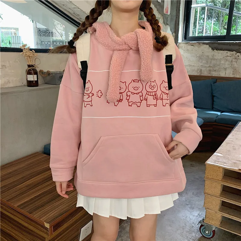 Осенне-зимний женский Флисовый Шарф свитшот с капюшоном ушками свиньи толстовка