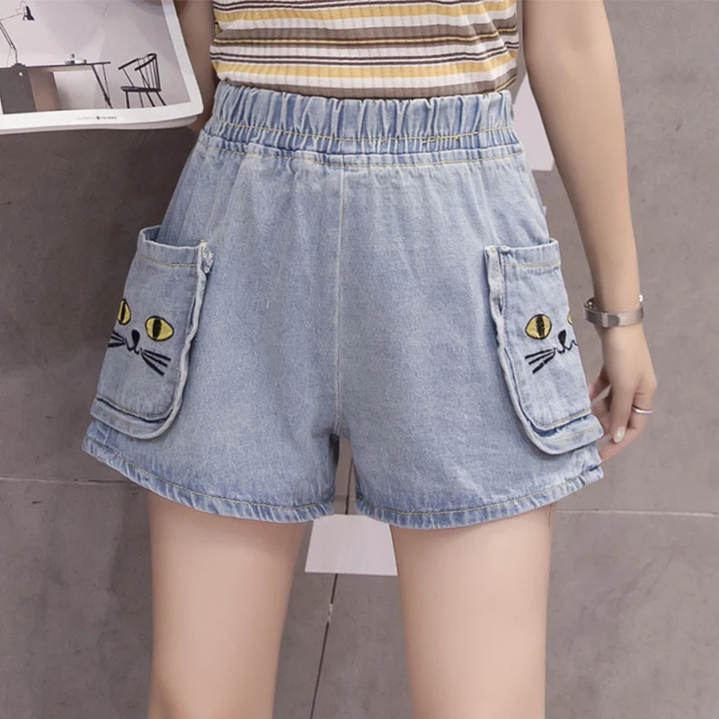 2019 New Summer Mori Girl Embroidery Cat Jeans Woman Pocket Wide Leg High Waist Shorts Plus Size S-5XL YY493 | Женская одежда