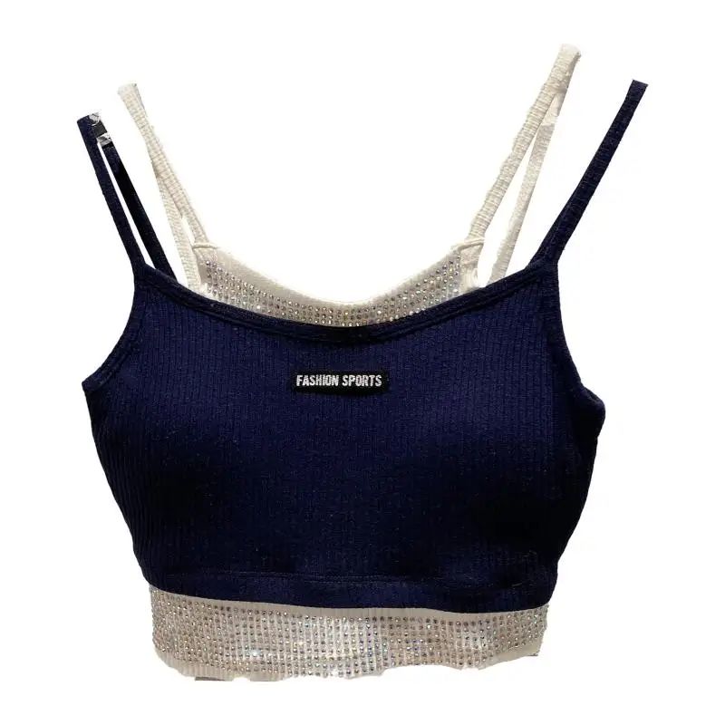 

2021 Spring And Summer New Women Camis Double Wear Fake Two Piece Sequin Hot Drill Elastic Sling