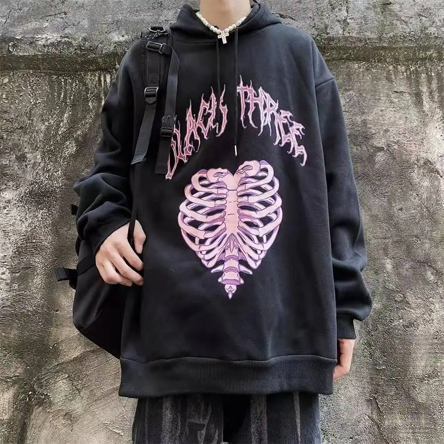 

Ins Retro Trend Dark Skeleton Letter Print Loose Hoodie Men's All-match Jackets Are On Sale This Season Japanese Streetwear