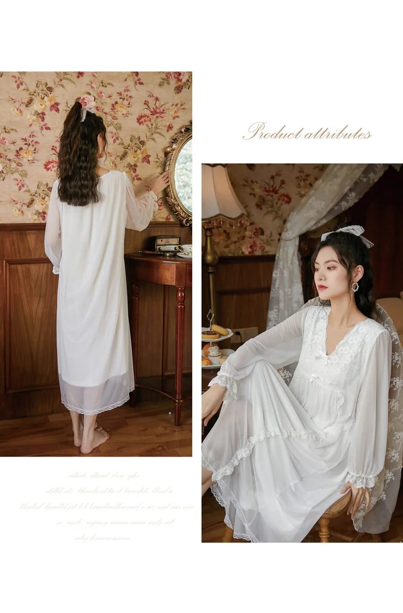 

Long-sleeve Nightdress Women's Spring Modal Cotton Home Wear Princess Palace Style Mesh Embroidered Lace Sleepwear White Dress