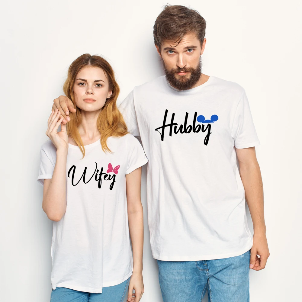 

Hubby Wifey T-Shirt Partner Couple Short Sleeve O-Neck Summer Letter Tops Tee Camiseta Hombre Accept Customized Clothing