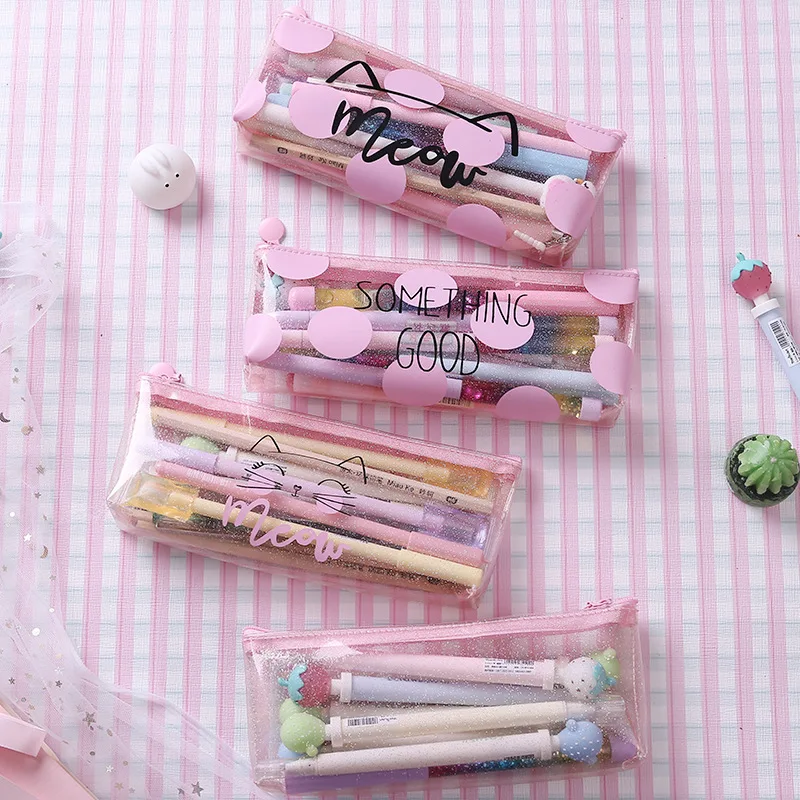 Розовый Кошачий пенал прозрачные школьные принадлежности Bts канцелярские