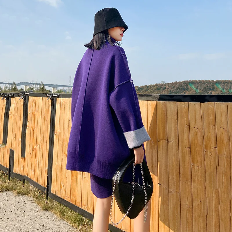 

women's two-piece - knitted shorts, high collar suit, long sleeve, loose, black, popular in spring and winter, 2021,