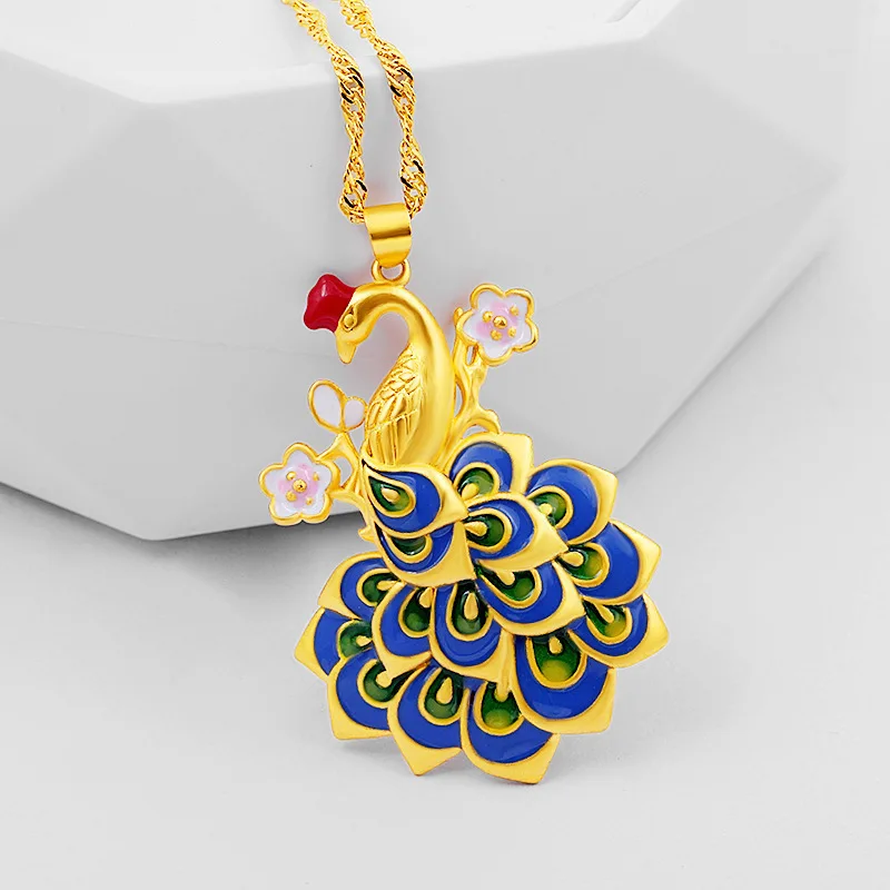 

Fashion Personality Enamel Color Peacock Pendant Female Long Sweater Chain Sand Gold Necklace Wholesale Not Fade Jewelry