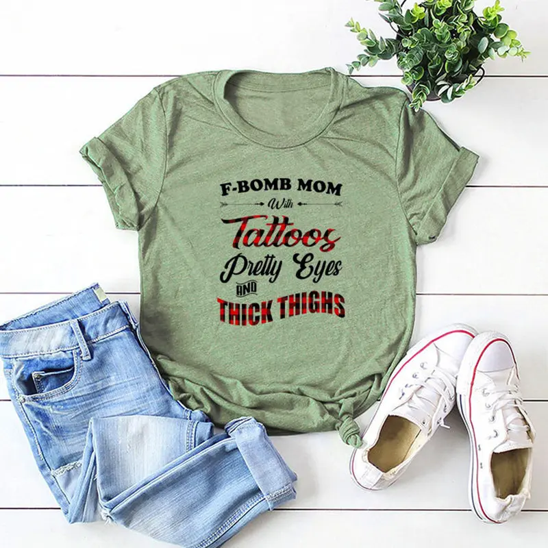 Женская футболка с надписью F-Bomb Mom и With Tattoos Повседневная Мягкая летняя графикой