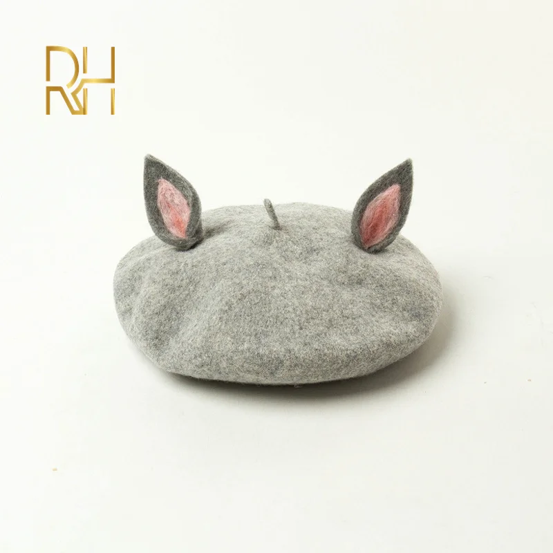 Ручной работы Оригинальная 100% шерстяного фетра берет с милыми заячьими ушками