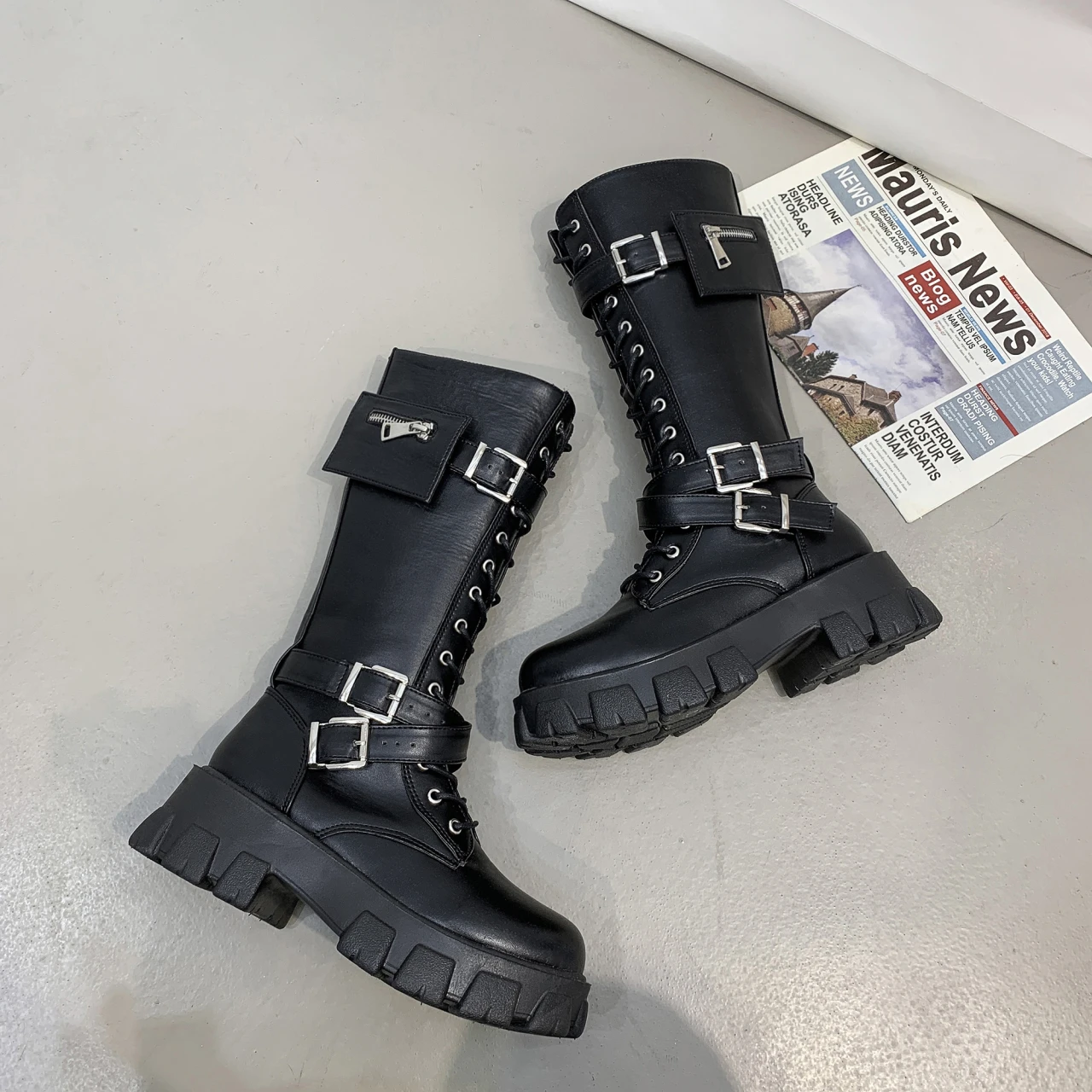 

Женские сапоги до середины икры, осенне-зимние сапоги из натуральной кожи в стиле панк, женские сапоги для верховой езды на молнии с перекре...