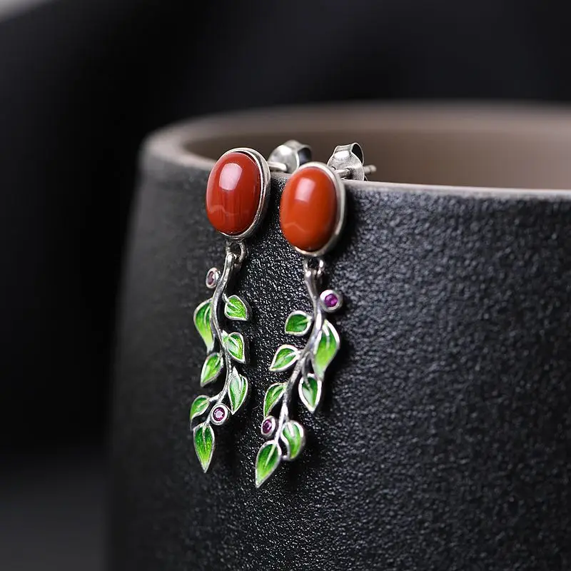 

FNJ Enameling Leaf Earrings 925 Silver Original Pure S925 Sterling Silver Stud Earring Women Jewelry Red Agate Green Jasper