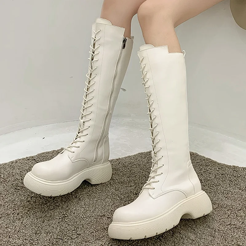 

Women's Round Head Square Heel Lace-up Zipper Casual Boots 2021 Autumn New Fashtion Platfrom High Tube Women's Motorcycle Boots