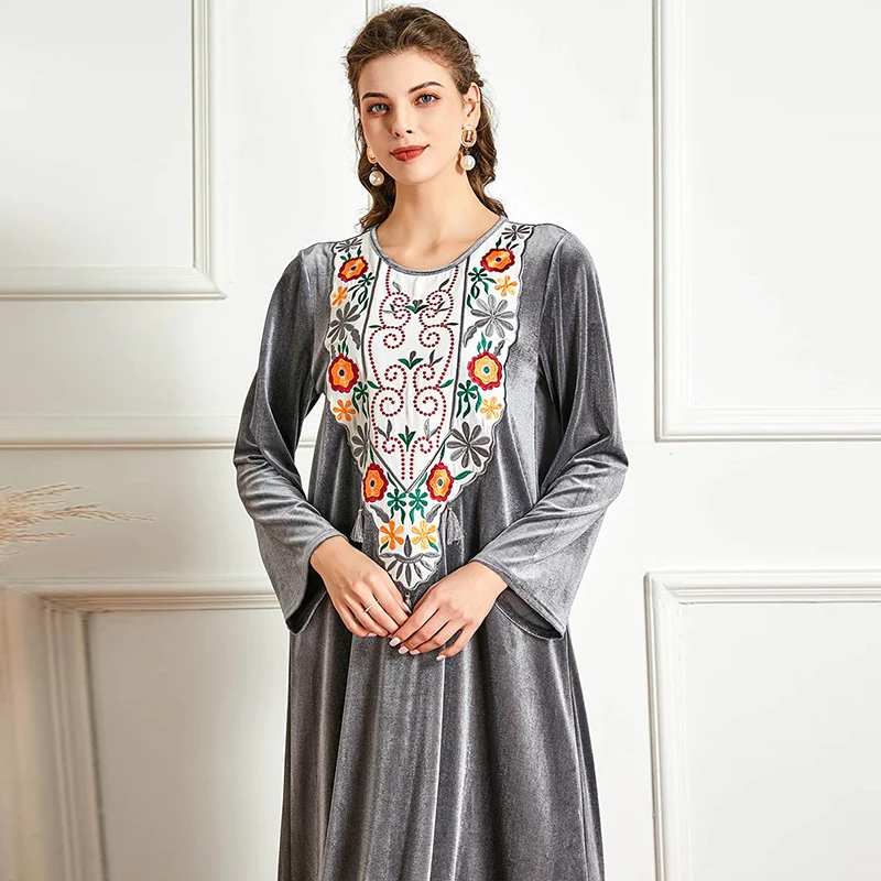 

2021 New Fashion Women's Grey Velvet Embroidered Long Sleeve Fashion Big Swing Dress For Women Robe Dresses