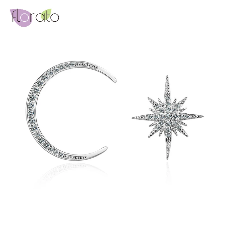 Женские серьги-гвоздики в форме Луны/звезды из розового золота и серебра 925 пробы