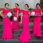 Женское атласное платье-русалка, розовое длинное вечернее платье с оборками и открытыми плечами, для свадьбы, подружки невесты