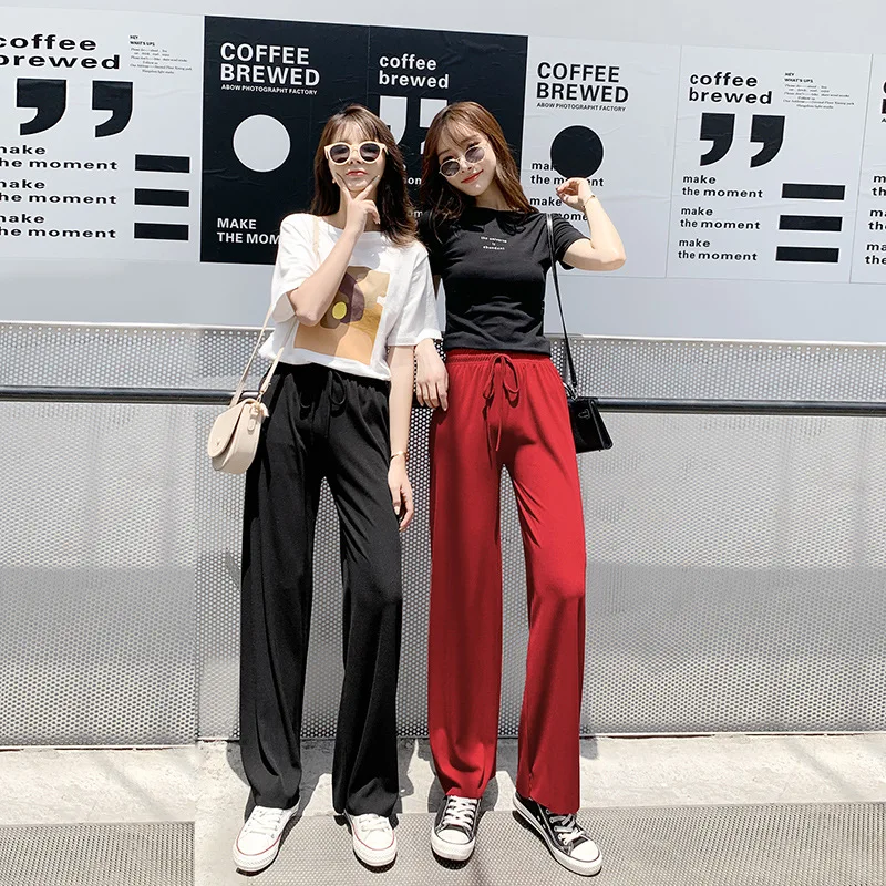 

Spring Solid Casual Loose Women Wide Leg Pants Elastic High Waist Ice Silk Ladies Trousers Full Length Female Pants