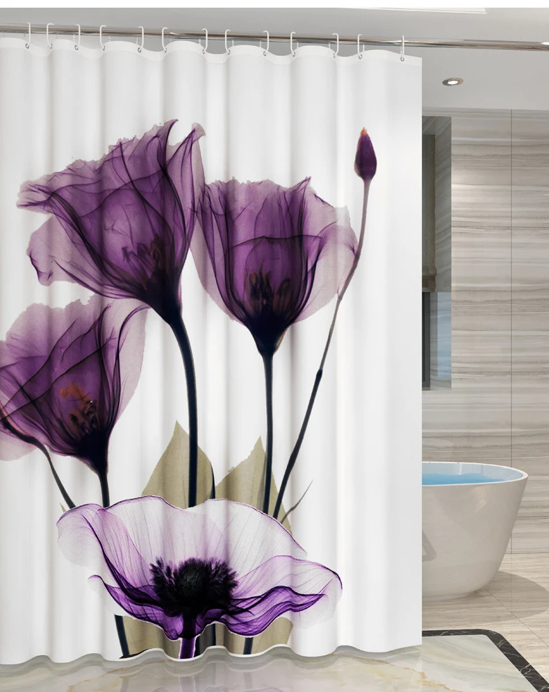 3D Purple Tulip Flower Printed Bathroom Curtain Polyester Waterproof Home Decor With Hook 180x200cm | Дом и сад