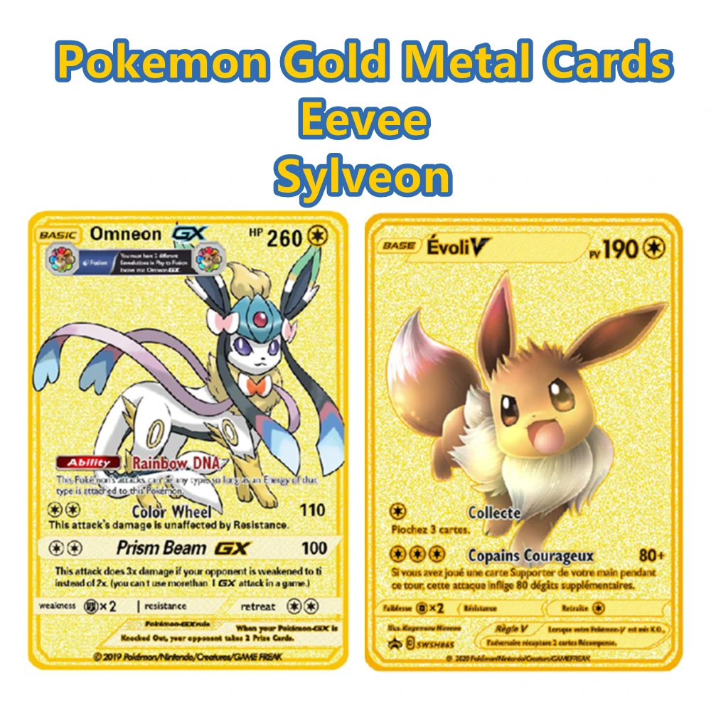 

Pokemon Gold Metal Flash Card Eevee Sylveon Mewtwo Mew Pikachu Game Battle Collection Trading Card Action Figure Model Child Toy