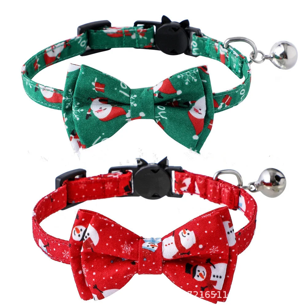 

2021 New Christmas Santa Claus Snowman Pattern Pet Bow Bell Collar for Cat Dog Pet Accessories Supplies