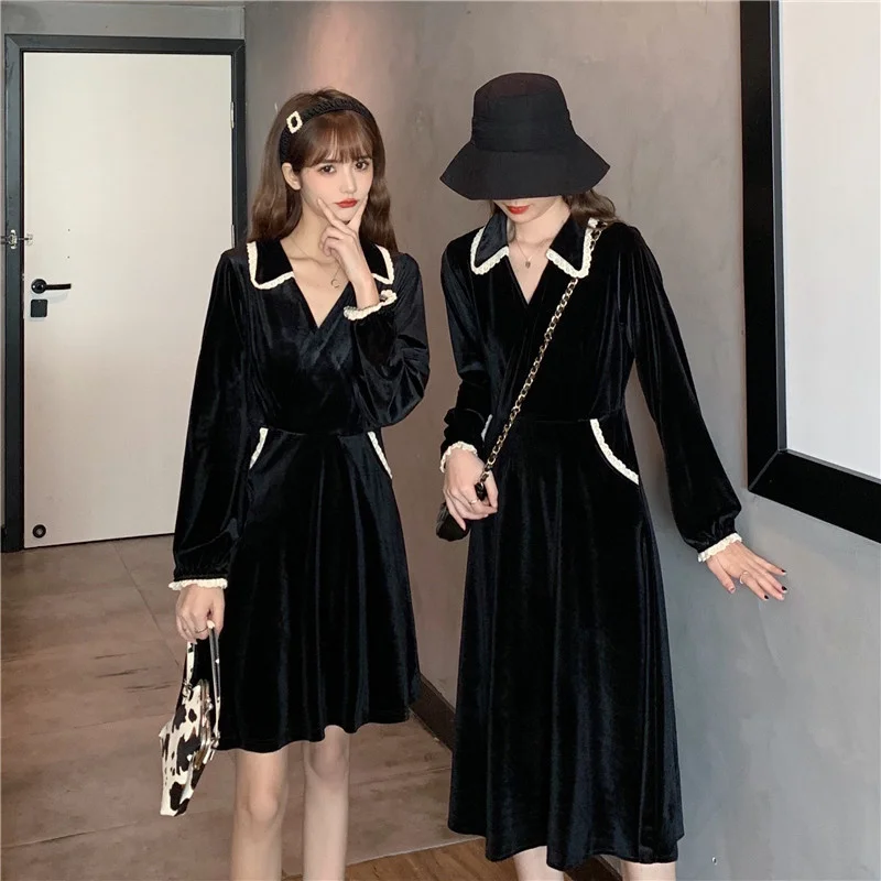 

Autumn and Winter Women's Tight Waist Elegance Retro Mid-Length Dress Fat Sister Belly-Covering Youthful-Looking Dress Large