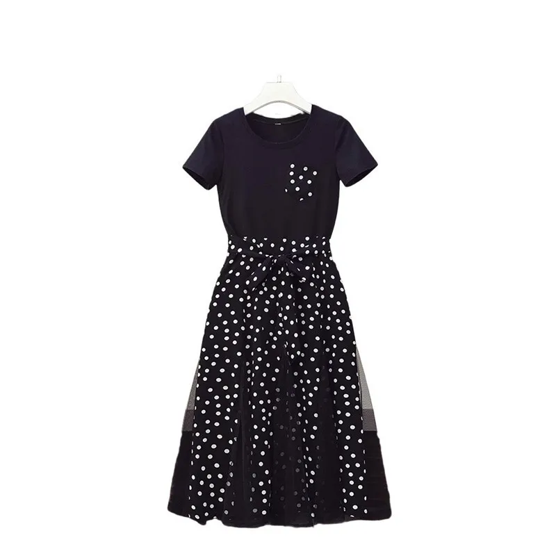 

5XL Plus size 2021 Summer Chiffon Spliced Mesh Of Dress For Women Short Sleeves O-Neck Poly Point Dresses Female Clothing