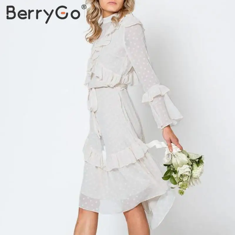 Женское шифоновое платье в горошек BerryGo элегантное белое пляжное трапециевидной