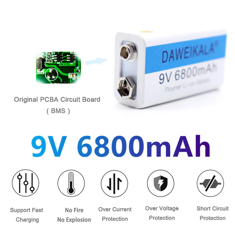 

9V 6800mAh Li-ion Rechargeable Battery Micro USB Batteries 9volt Lithium for Multimeter Microphone Toy Remote Control KTV Use