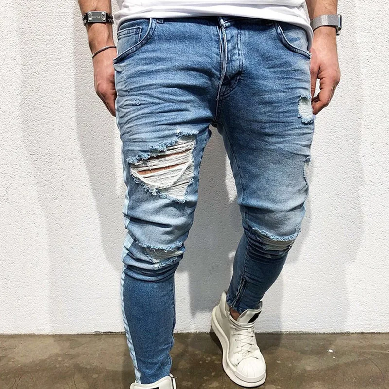 Европа и США high street Новые джинсы для мужчин с дырками на молнии облегающие брюки