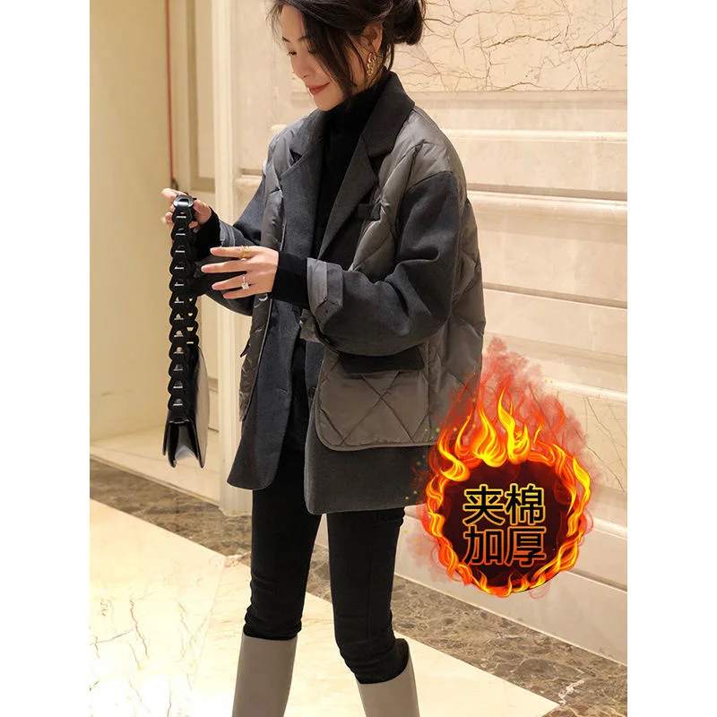 

Ladies Stitching Large Winter Suit Collar Thick Cotton Jacket Fake Two-piece Women's Jacket 2021 New Fashion Temperament Women