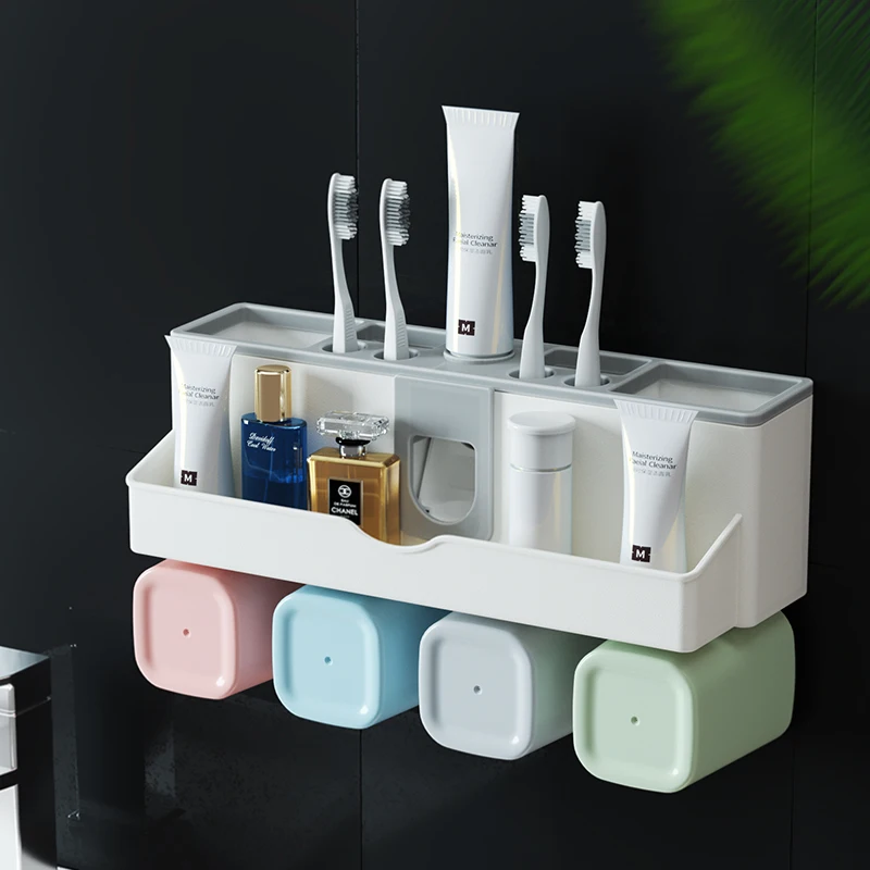 

No Drilling Wall Mount Toothbrush Holder Toothpaste Squeezer Bathroom Storage Rack Washroom Accessories Set Toothpaste Extrusion
