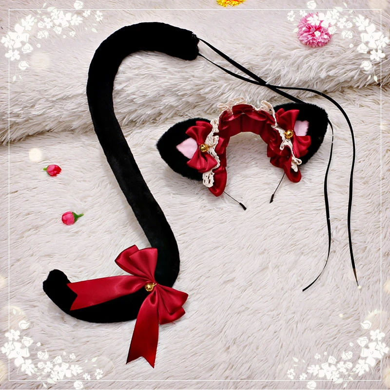

Plush Cat Fox Ear Tail Set Lolita Cat Ears Bow Headband Hand-made Cosplay Accessories Sexy Simulation Fox Ears Party Headwear
