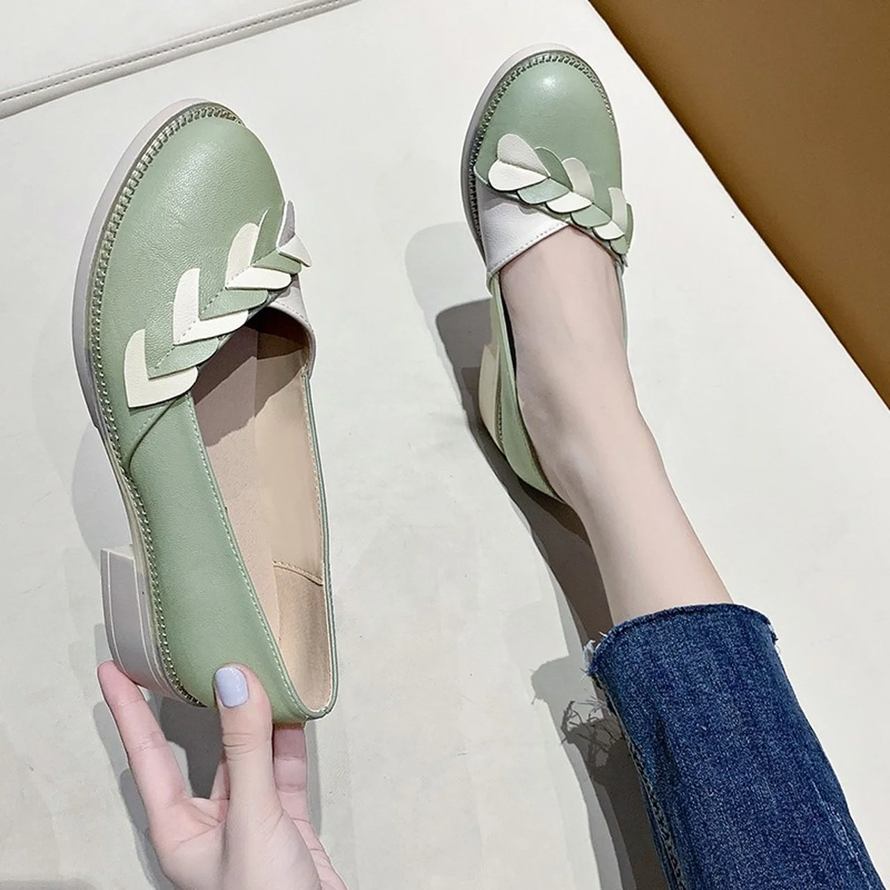 

Женские однотонные туфли, повседневные универсальные туфли-лодочки на Высоком толстом каблуке, зеленые модные туфли для студентов, осень ...