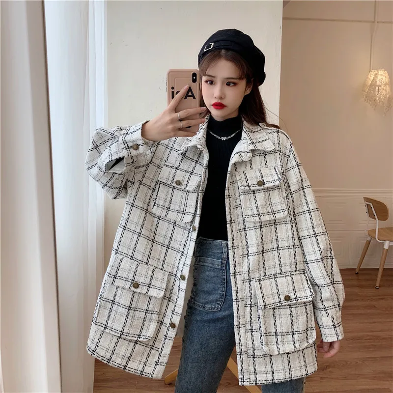 

Women Autumn Woolen Coats 2021 Fashion Spring Female Plaid Color Retro Vintage Outercoats Korean With Belt Pockets Black White