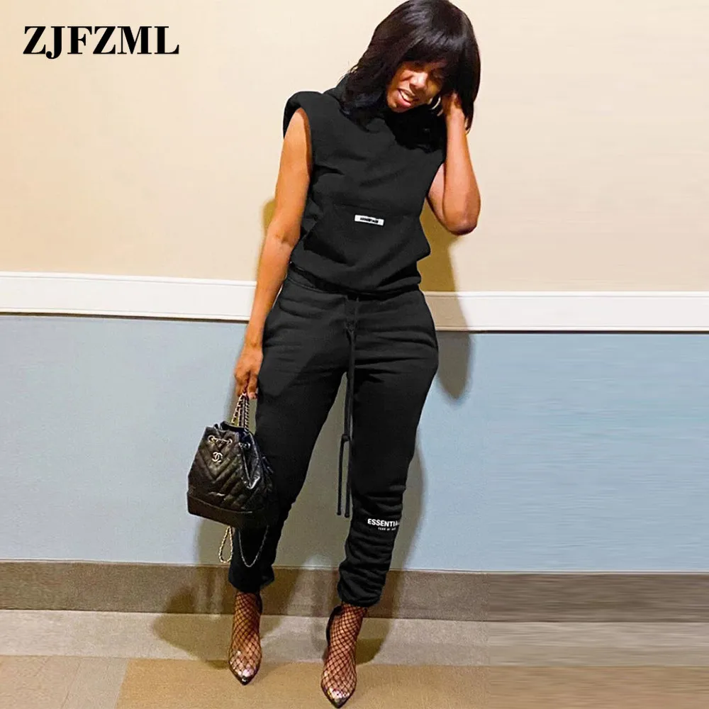 

Women's Sport Tracksuit Letter Print Hooded Shoulder Pad Sweatshirt and Drawstring Jogger Trouser Autumn Winter Two Piece Sets